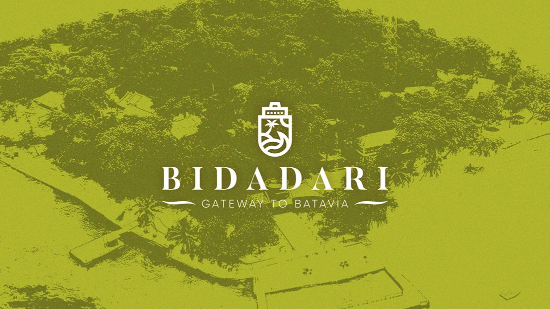 Bidadari logo over an aerial view of the island