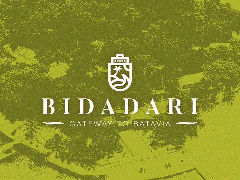 Bidadari logo over an aerial view of the island